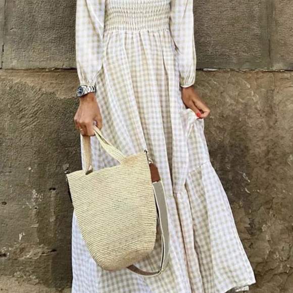 Khaki Plaid Ruffled Square Neck Smocked Tiered Maxi Dress - Picture 6 of 7